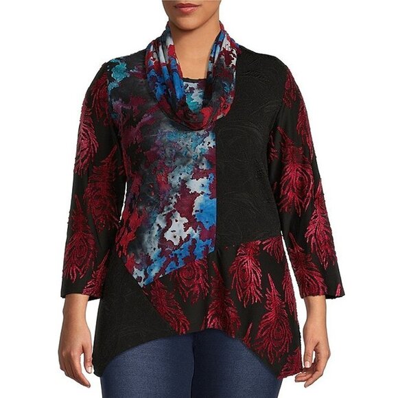 Calessa Size 2X Patchwork Tie Dye Burnout 3/4 Sleeve Asymmetric Tunic Scarf NEW - Picture 1 of 14